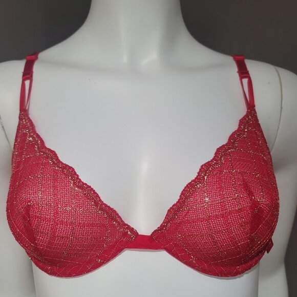 NWT Victoria's Secret Sexy Tee Unlined Plaid Lace Demi Bra Red Gold 32C - Picture 1 of 8